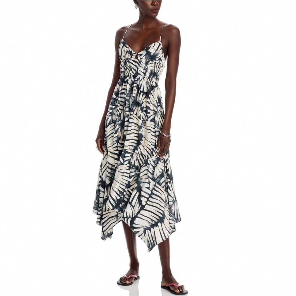 Steve Madden Jackie Midi Dress Black White Abstract Leaf Print Smocked Medium